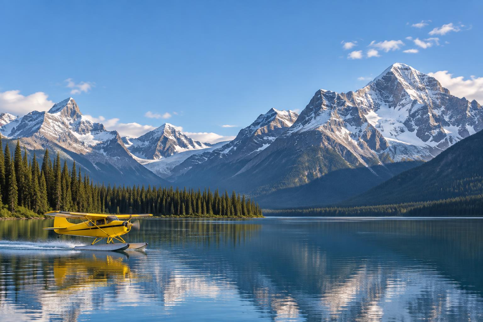 Yellow Piper Cub floatplane landing on a Canadian mountain lake